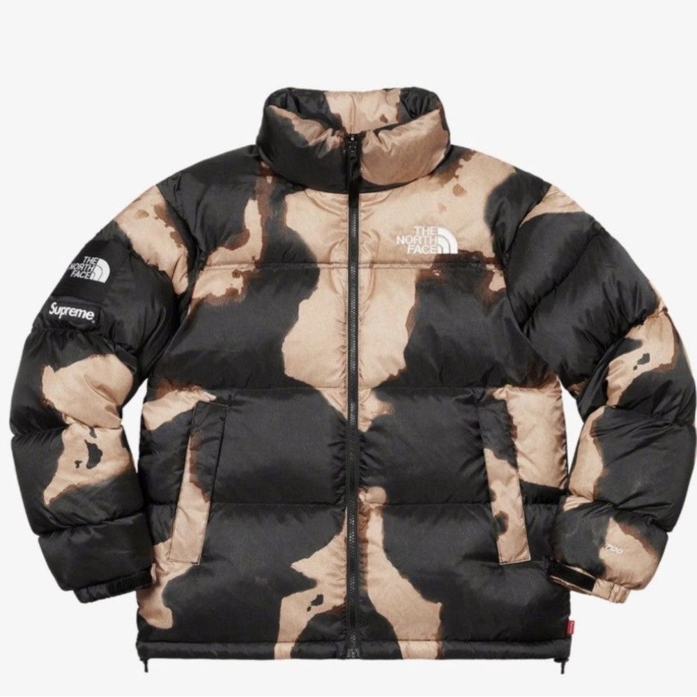 Supreme bleach denim nuptse black puffer jacket